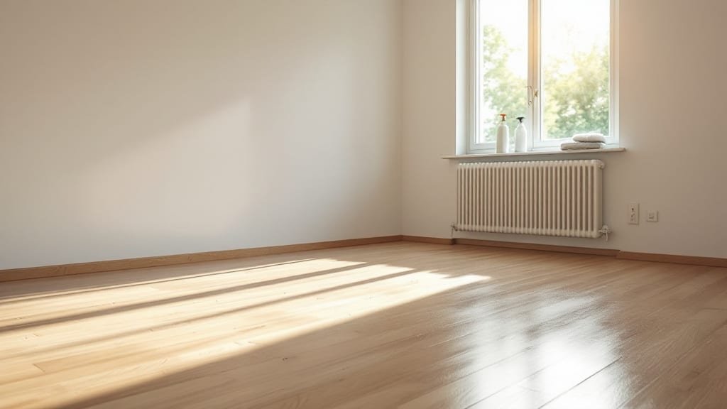 Frisch gereinigte, leere Wohnung mit glänzendem Parkett und Morgensonne